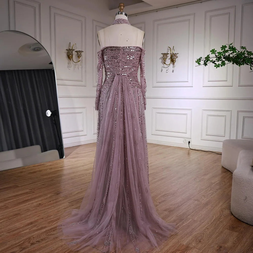 Luxury Caramel Off Shoulder Beaded Mermaid Evening Dress Long Sleeves CLA73053