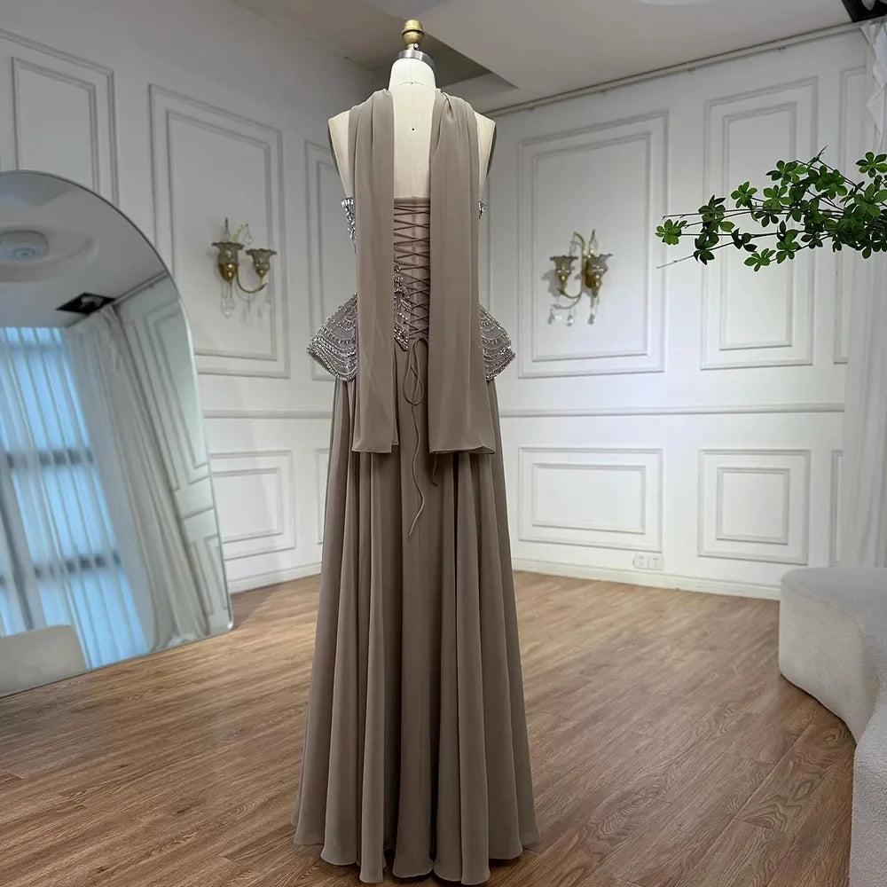 Luxury Designer Nude Beaded Chiffon Evening Dress CLA72915