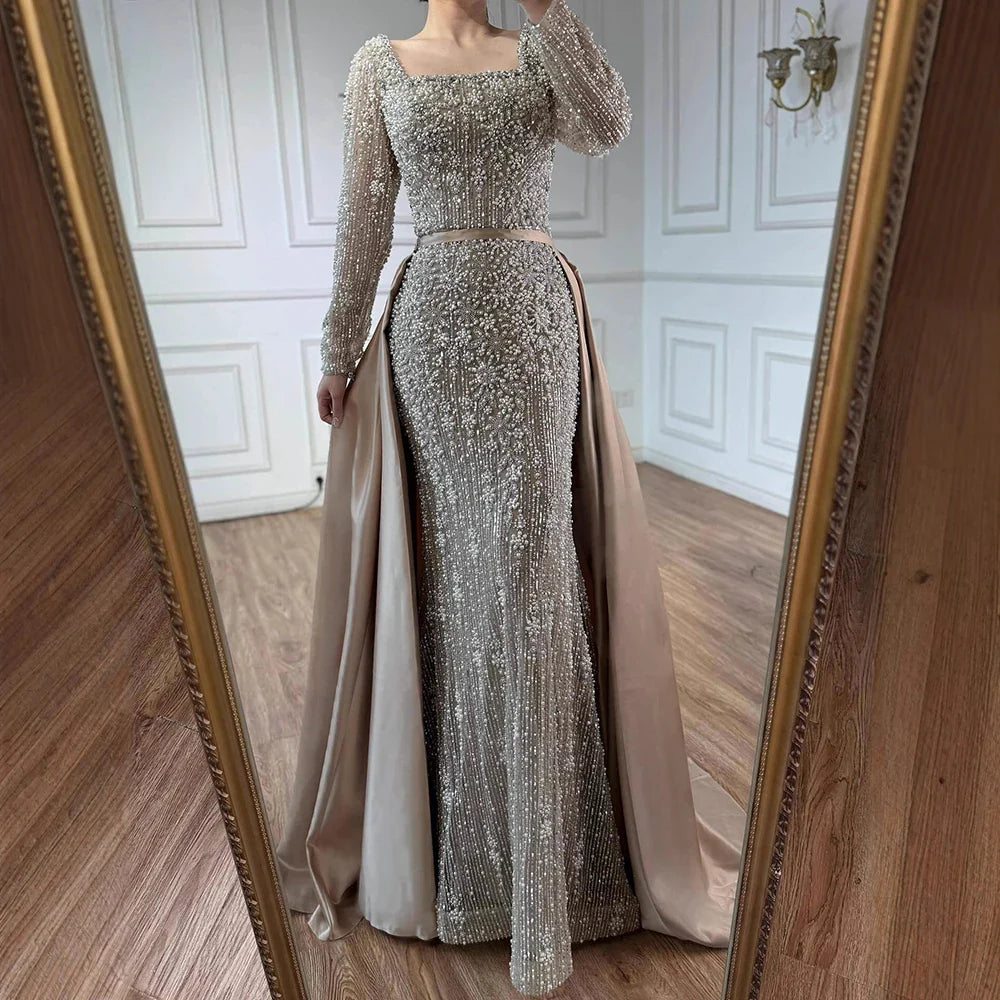 Luxury Dubai Arabic Muslim Caramel Mermaid Beaded Evening Gown with Overskirt CLA72533A