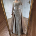 Luxury Dubai Arabic Muslim Caramel Mermaid Beaded Evening Gown with Overskirt CLA72533A