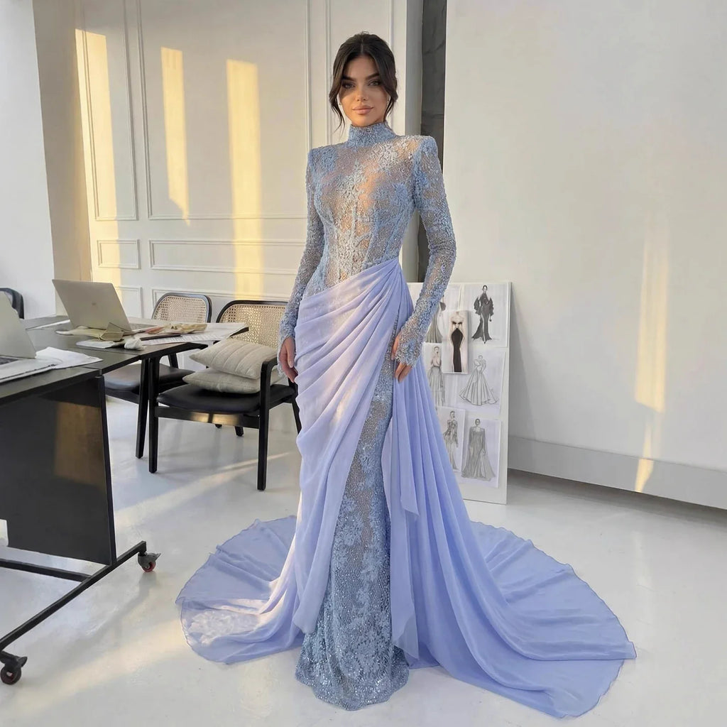 Luxury Lilac High Neck Beaded Mermaid Evening Dress CLA73407
