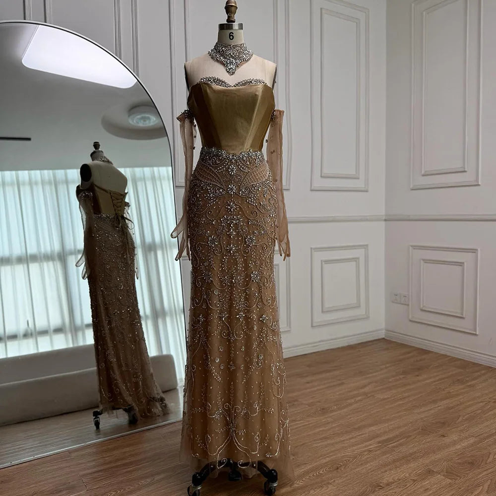 Kosovo Luxury Beaded Evening Dress With Gloves CLA72929