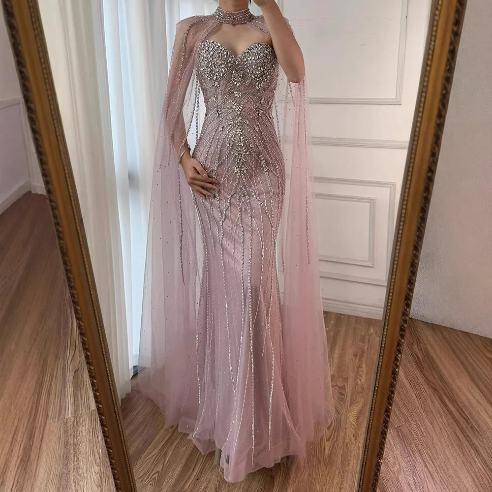 Luxury Turquoise Beaded Cape Sleeve Saudi Arabic Evening Dress LA73136A