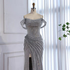 Kosovo Luxury Silver Diamonds Off Shoulder With Slit Mermaid Evening Dress CLA73410