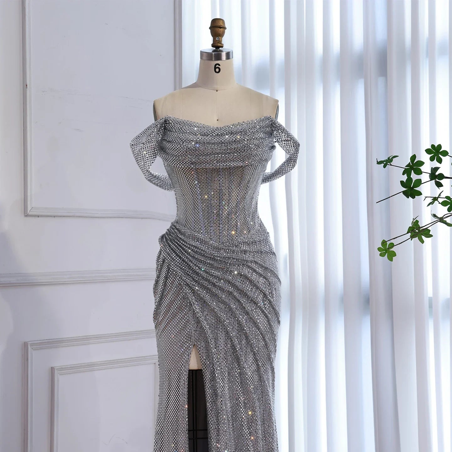 Kosovo Luxury Silver Diamonds Off Shoulder With Slit Mermaid Evening Dress CLA73410