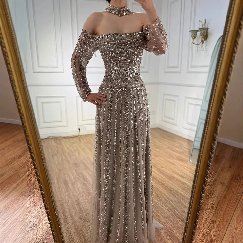 Luxury Caramel Off Shoulder Beaded Mermaid Evening Dress Long Sleeves CLA73053