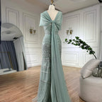 Arabic Sage Green Simple Beaded Mermaid Evening Dress With Chiffon Cape CLA72126B