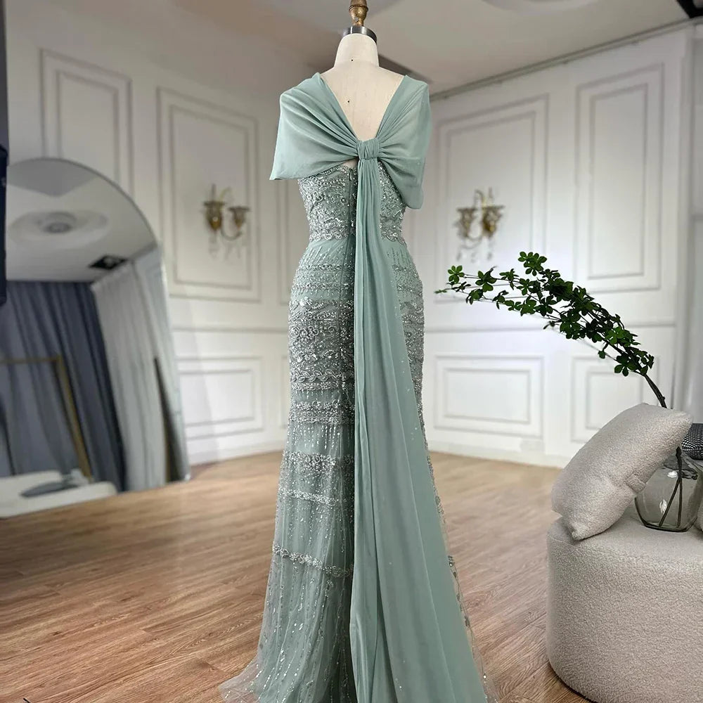 Arabic Sage Green Simple Beaded Mermaid Evening Dress With Chiffon Cape CLA72126B