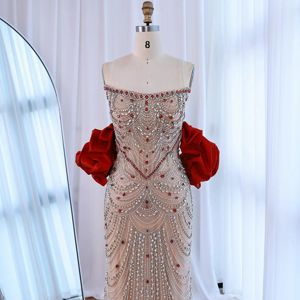 Luxury Beaded Evening Dress Puff Sleeves Pearl Adorned CLA72903