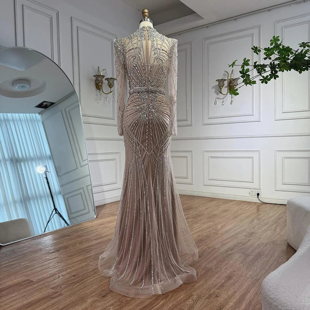 Modest Caramel High Collar Evening Dress For Women Wedding Party CLA73203