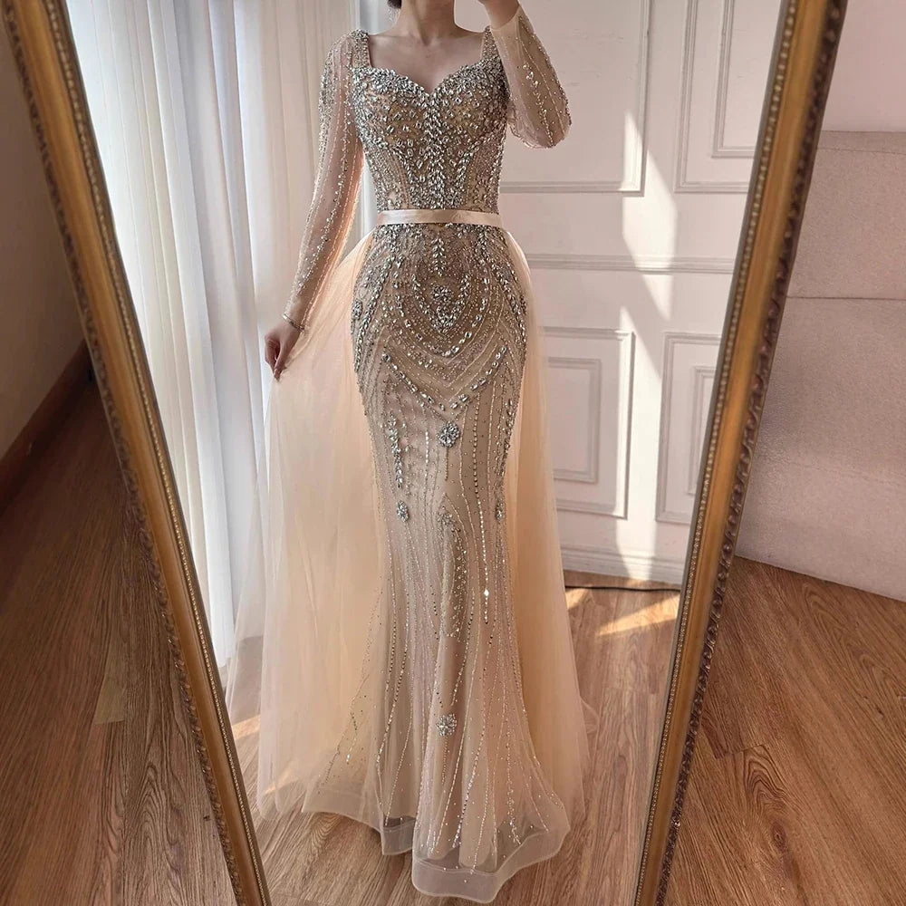 Luxury Nude Beaded Mermaid Evening Dress With Overskirt CLA73190