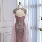 Luxury Dubai Pink Beaded Evening Dress With Cape CLA73329