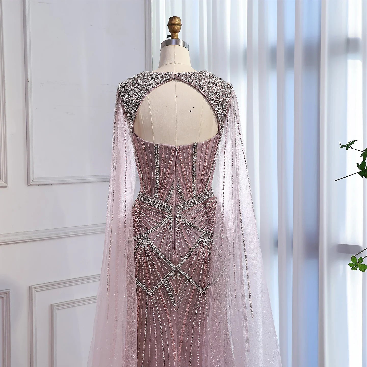 Luxury Dubai Pink Beaded Evening Dress With Cape CLA73329