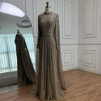 Modest Luxury Caramel Beaded Long Sleeve Evening Dress CLA72569A