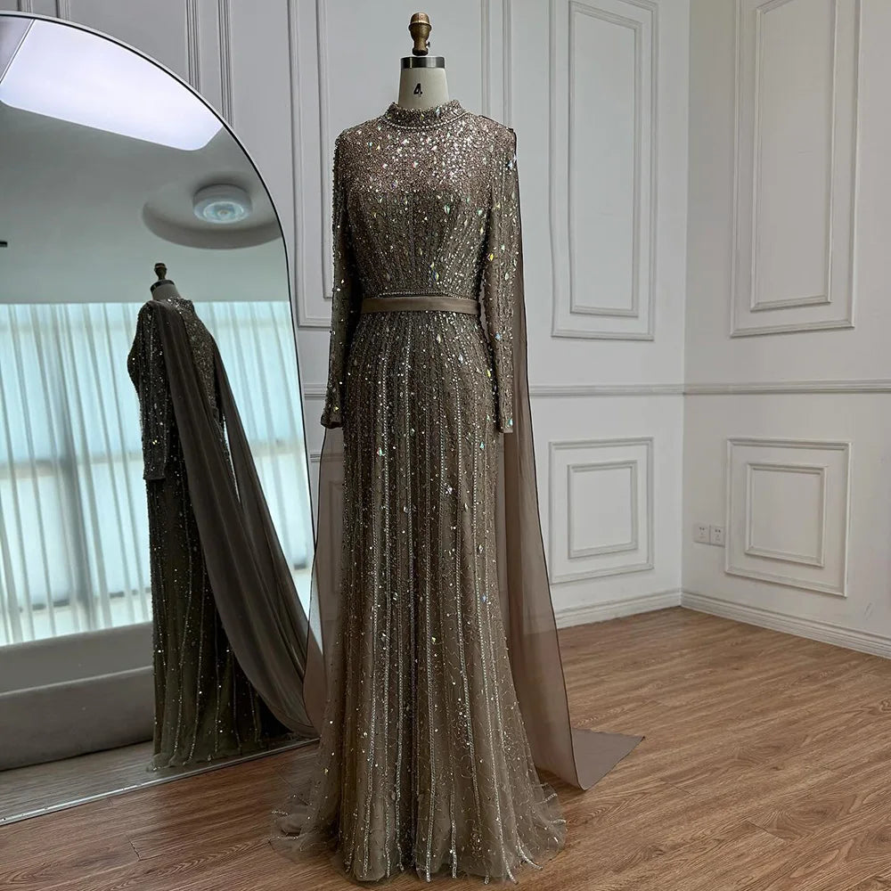 Modest Luxury Caramel Beaded Long Sleeve Evening Dress CLA72569A