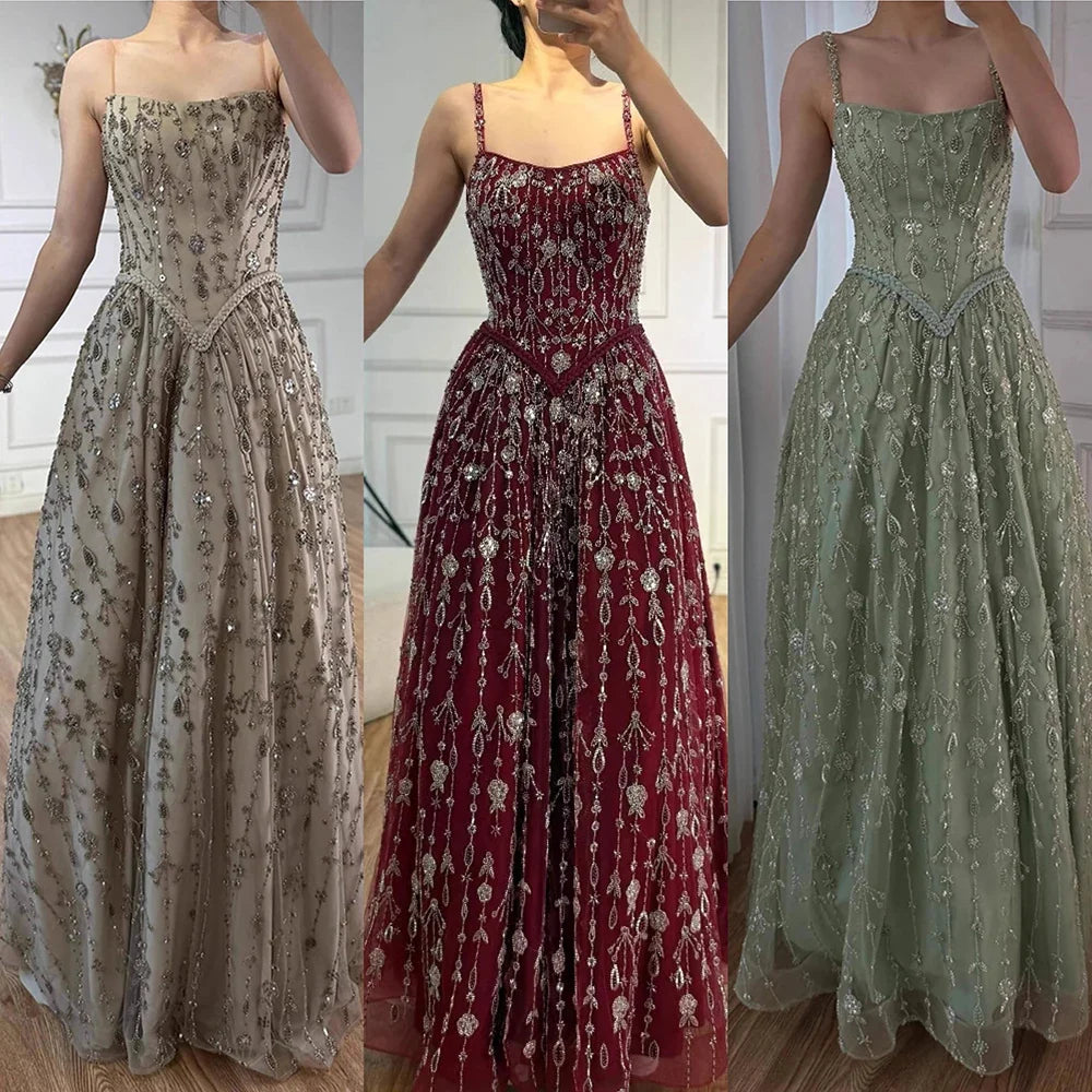 Luxury Sage Green Beaded A-Line Spaghetti Straps Evening Dress CLA72805