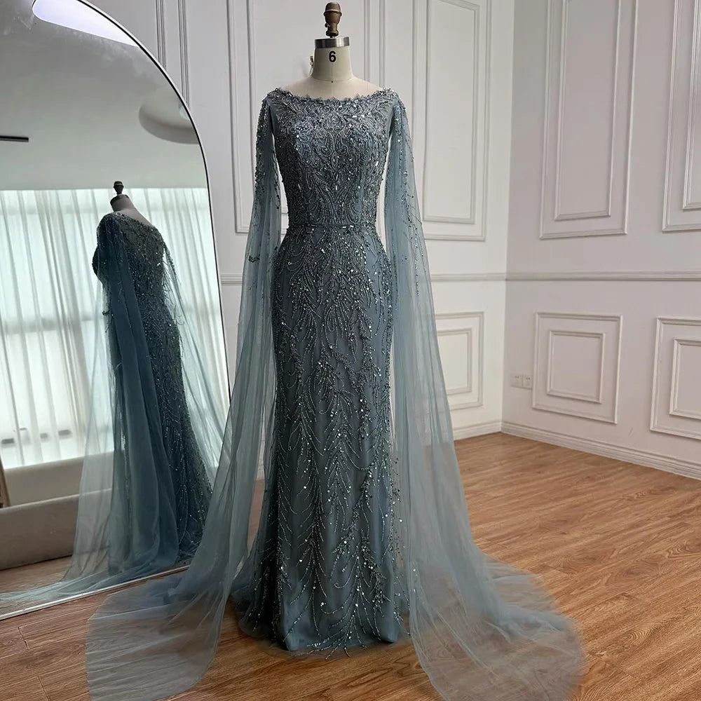 Luxury Caramel Beaded Mermaid Evening Dress With Cape Sleeves CLA73078
