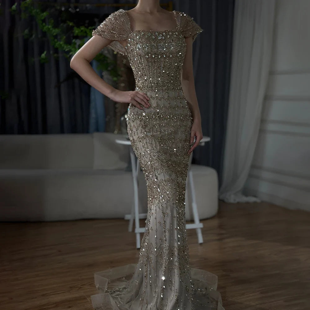 Dubai Mermaid Evening Dress Luxury Modest Arabic Party Gown CLA72714