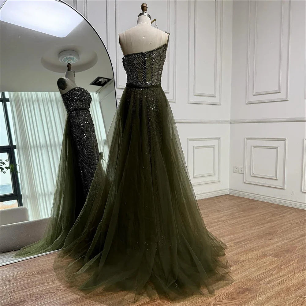 Luxury Olive Green Beaded Mermaid Evening Dress With Overskirt CLA73164A