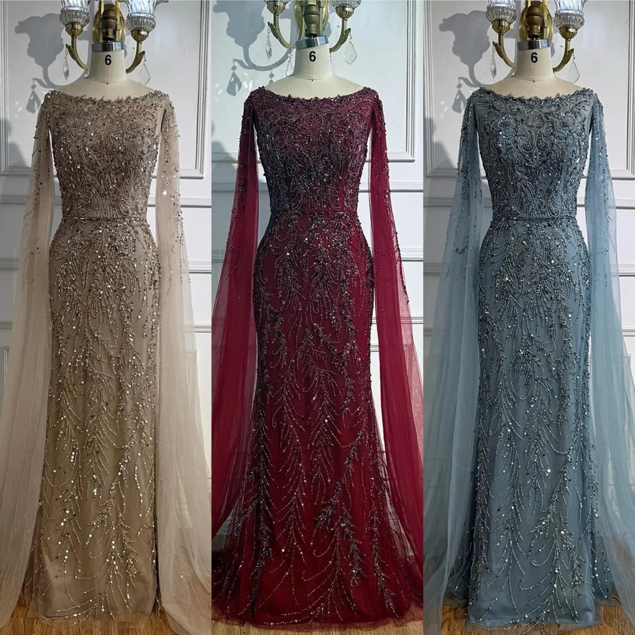 Luxury Caramel Beaded Mermaid Evening Dress With Cape Sleeves CLA73078