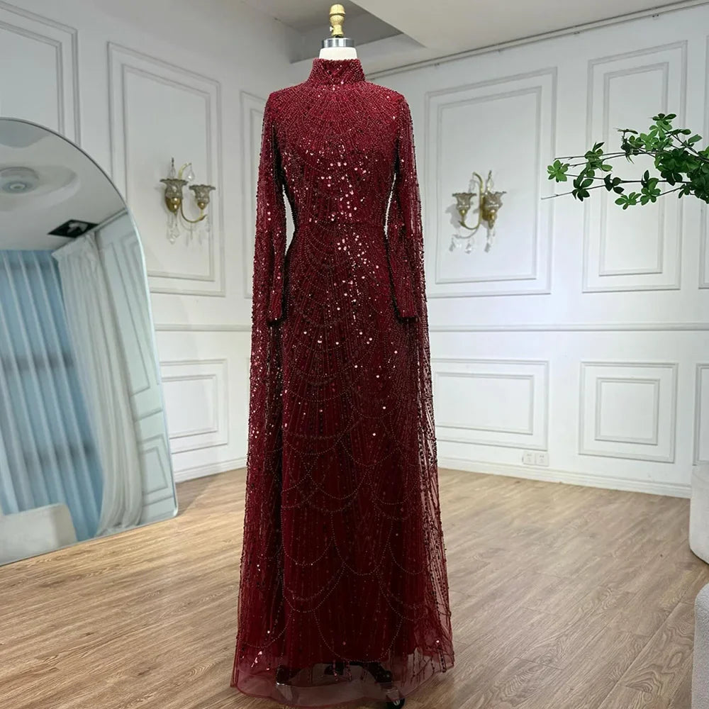Arabic Modest For Muslim Women Hijab A-Line Cape Sleeves Evening Dress CLA72591