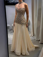 Kosovo Luxury Beaded Bow Decoration Nude A-Line With Choker Party Dress Strapless Women Evening Gown CLA73361