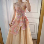 Luxury Peach Floral Appliqué A-Line Sparkly Evening Dress LA73185