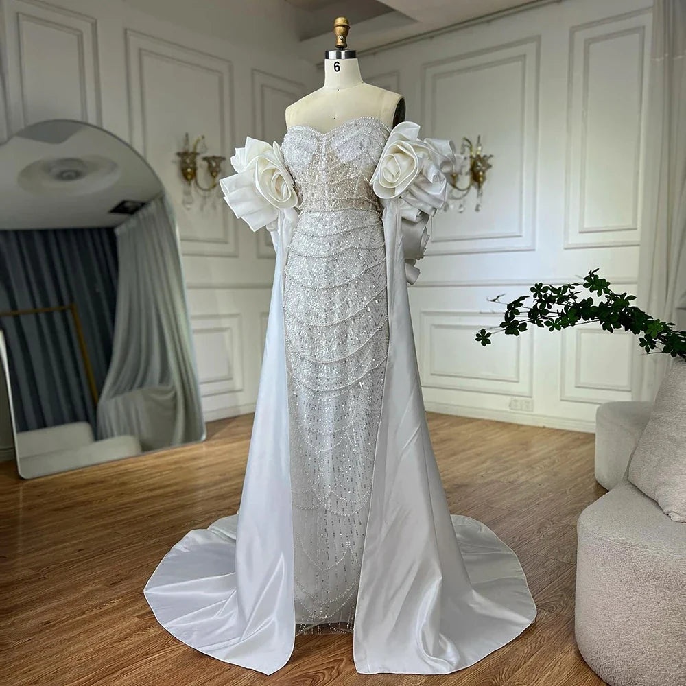 Arabic Luxury Pearls Strapless Mermaid With Cape Evening Dress CLA72585A