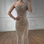 Luxury Nude One Shoulder Long Sleeve Beaded Evening Dress CLA73180