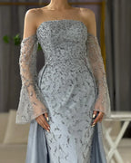 Dubai Luxury Blue Beaded Pearls Evening Gown with Overskirt CLA72705