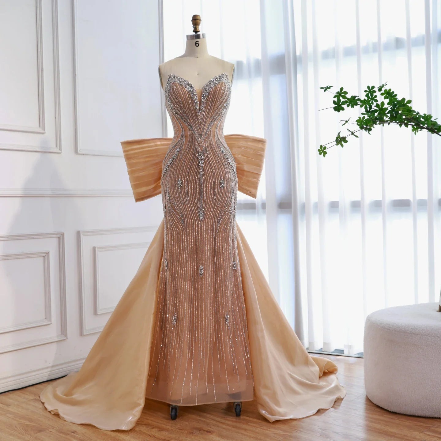 Luxury Beaded Pink Mermaid Evening Dress With Big Bow CLA73061