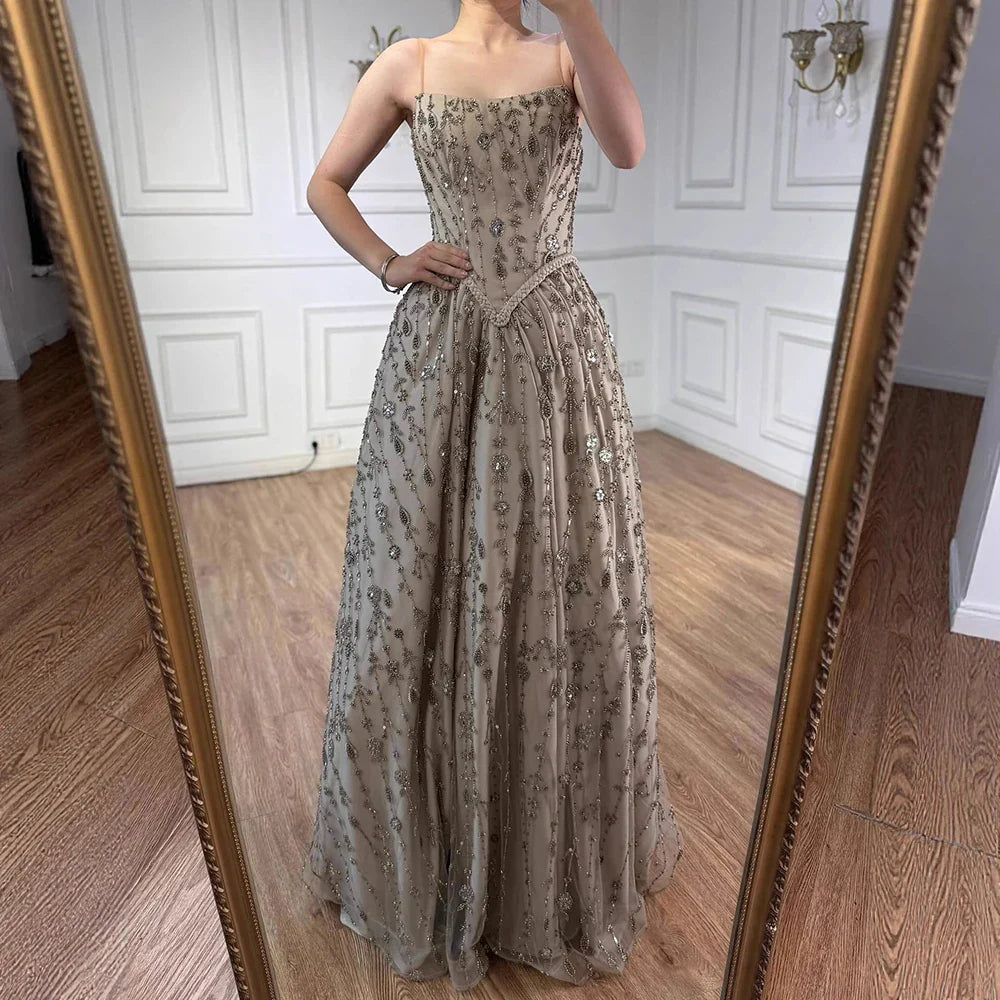 Luxury Sage Green Beaded A-Line Spaghetti Straps Evening Dress CLA72805