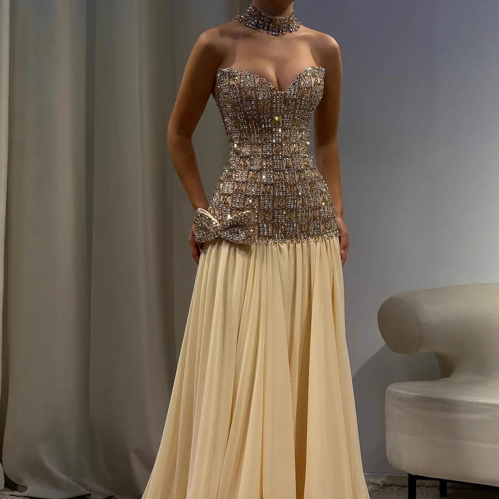 Kosovo Luxury Beaded Bow Decoration Nude A-Line With Choker Party Dress Strapless Women Evening Gown CLA73361