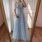 Luxury Nude Sliver Off Shoulder Beaded Crystal A-Line Evening Dress CLA73122