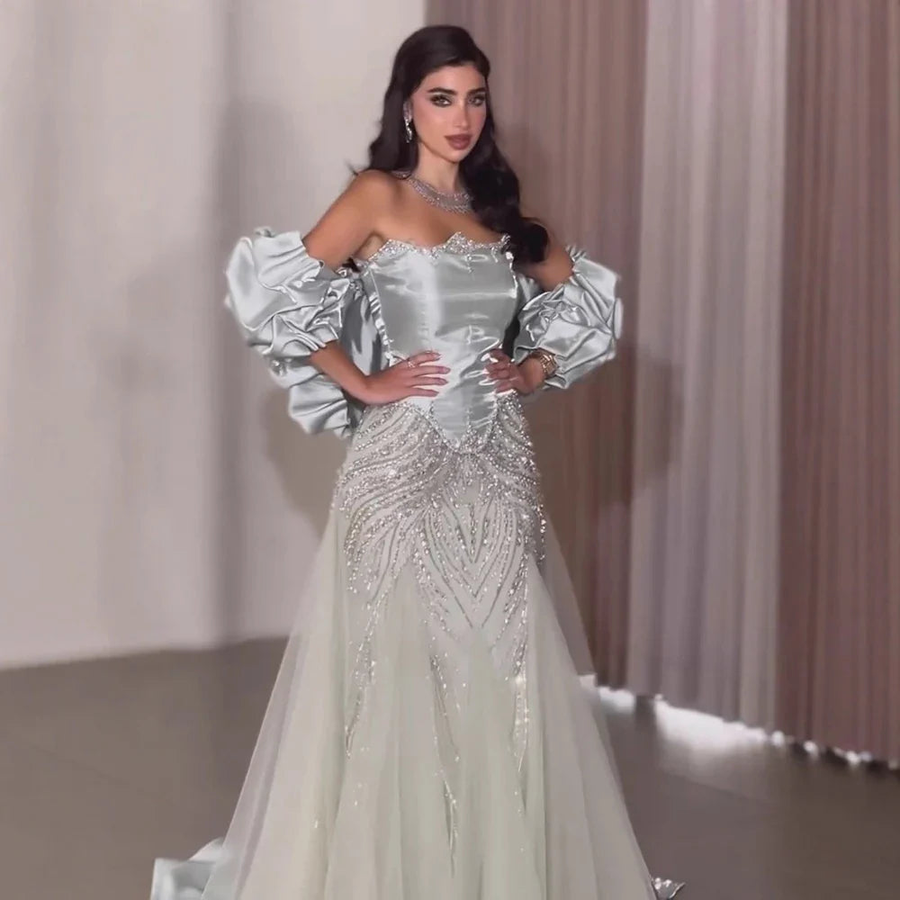 Luxury Sage Green Beaded Mermaid Evening Dress With Detachable Sleeves CLA73201