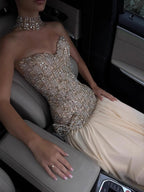 Kosovo Luxury Beaded Bow Decoration Nude A-Line With Choker Party Dress Strapless Women Evening Gown CLA73361