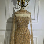Luxury Nude Beaded Evening Dress with Cape Sleeves CLA72824