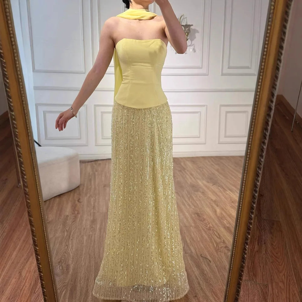 Simple Yellow Mermaid Evening Dress With Shawl CLA73007
