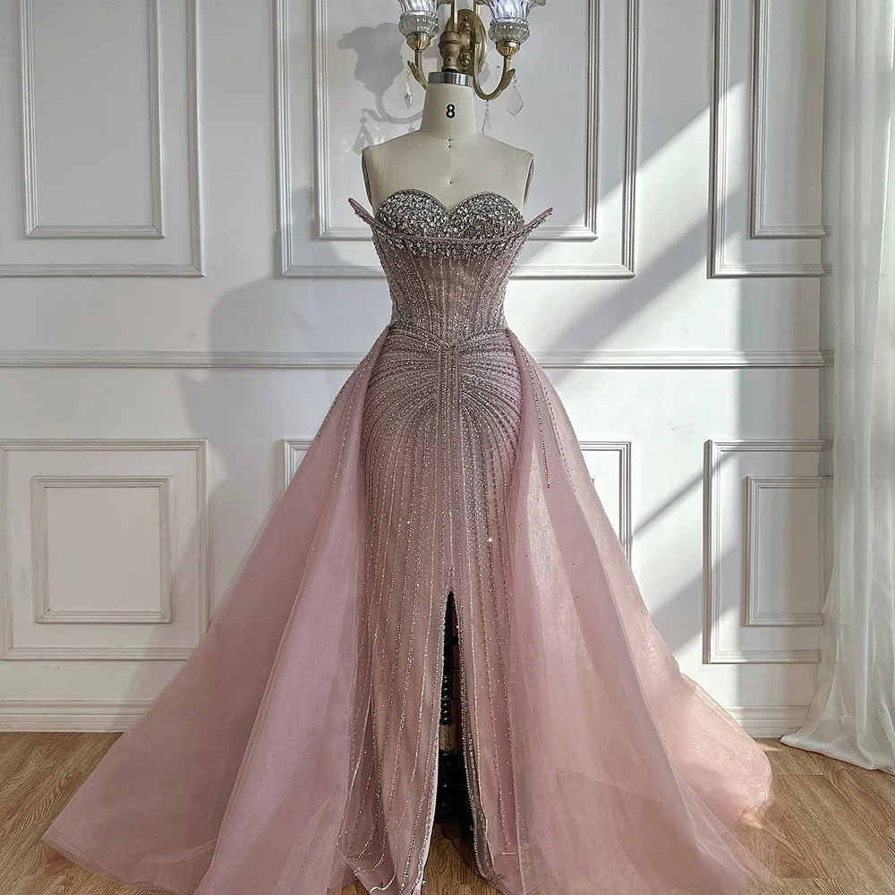 Arabic Luxury Beaded Mermaid Overskirt With Slit Strapless Evening Dress CLA72811