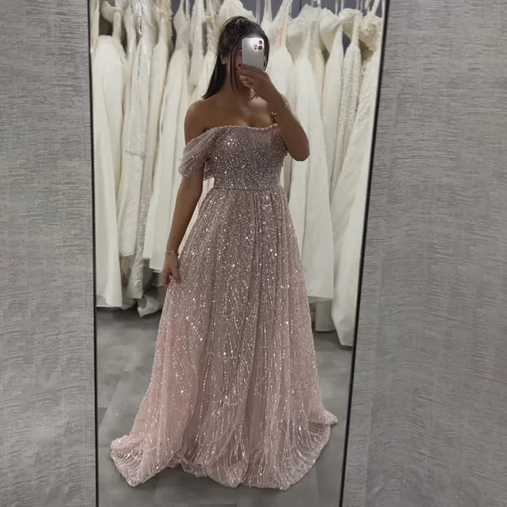 Luxury Nude A-Line Pearls Off Shoulder Evening Dress CLA72738A