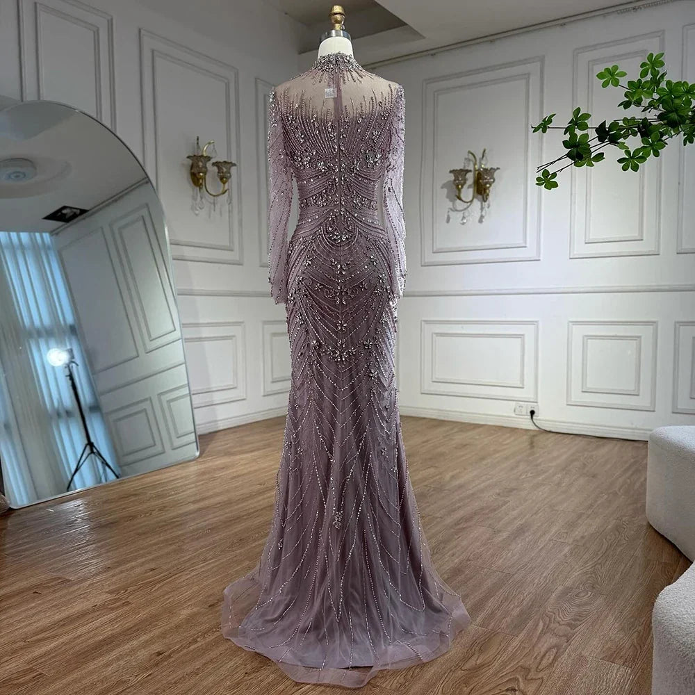 Luxury Nude Beaded Long Sleeves Modest Muslim Mermaid Evening Dress CLA73158
