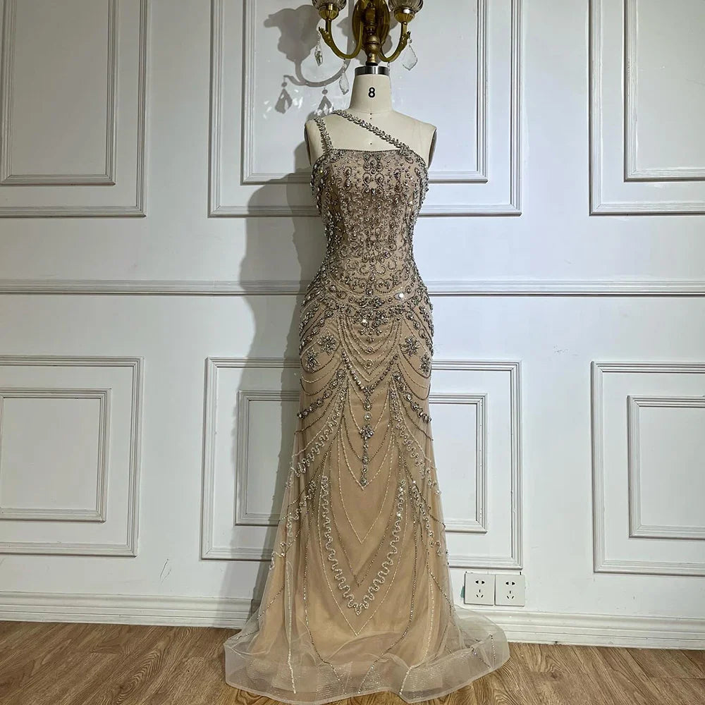 Luxury Dubai Elegant Nude One Shoulder Beaded Evening Dresses Gowns for Formal Occasion CLA72791