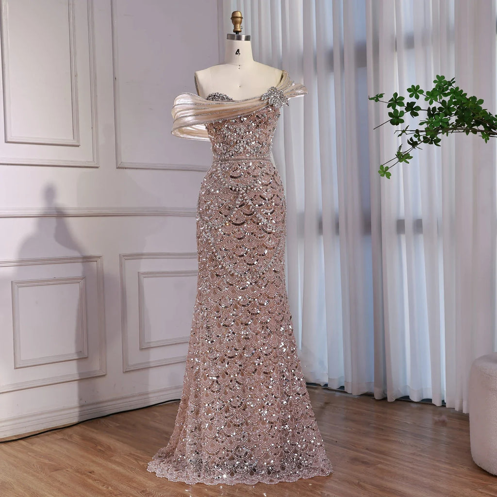 Luxury Nude Beaded Off Shoulder Mermaid Evening Dress CLA73365A