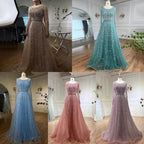 Arabic Modest Hijab Luxury Nude A-Line Beaded Evening Dress CLA72088