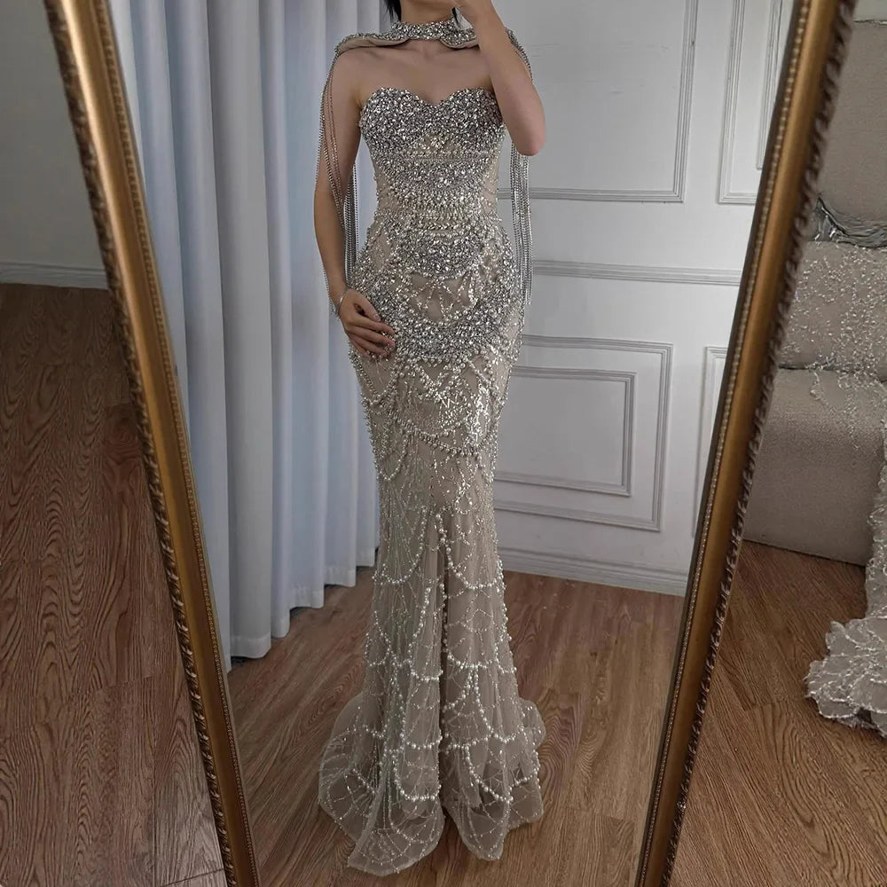 Kosovo Luxury Beaded Pearls Tassels Nude Evening Dress With Short Cape CLA72876