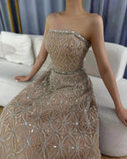 Luxury Dubai Arabic Gray A-Line Elegant Beaded Strapless Evening Dresses Gowns For Formal Occasion CLA72755