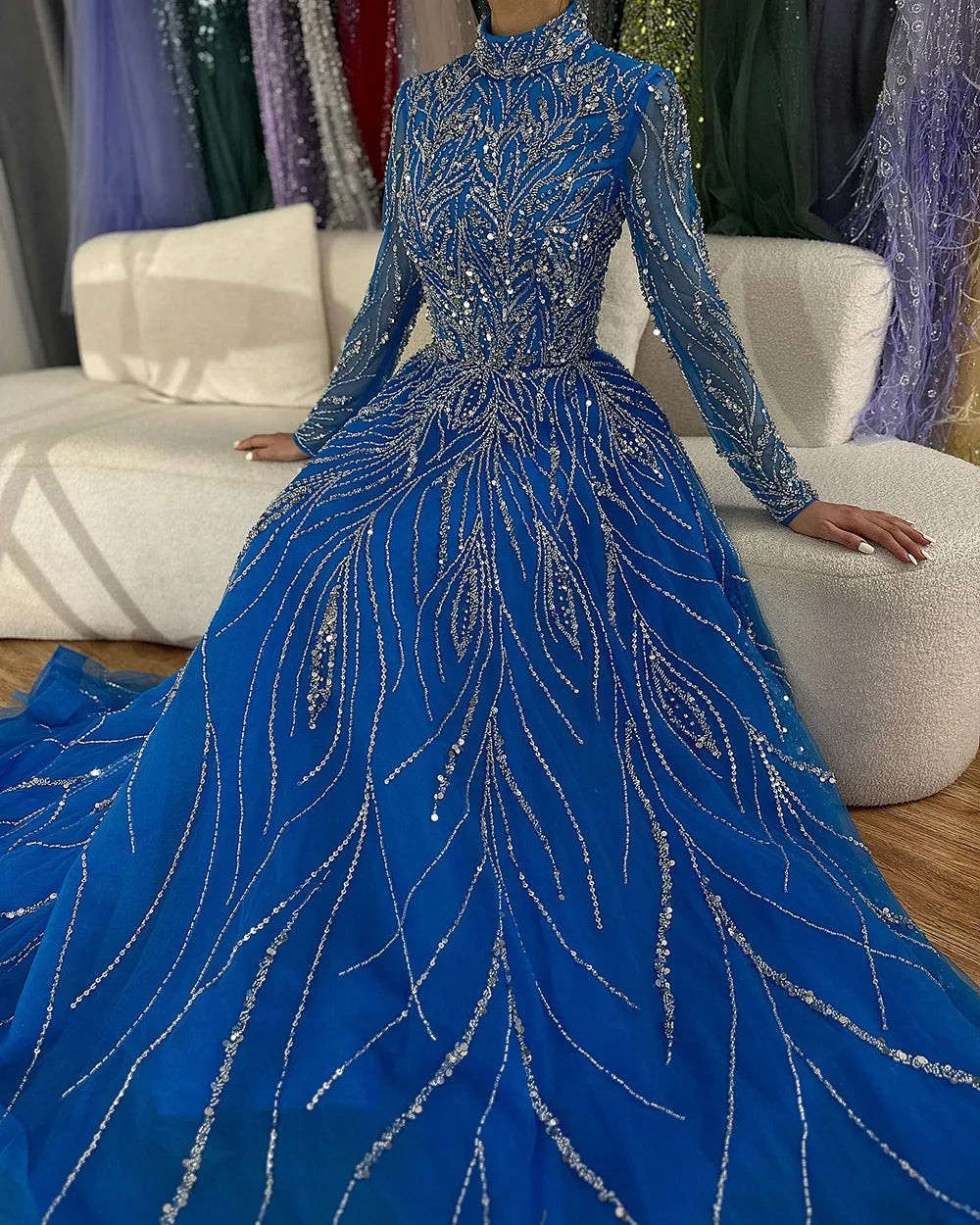 Muslim Formal Blue A-Line Beaded Evening Dress CLA72302A