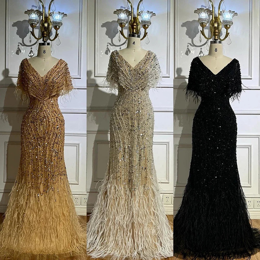 Arabic Pearls Beaded Feathers Mermaid Evening Dress Elegant For Women Wedding Party CLA72837