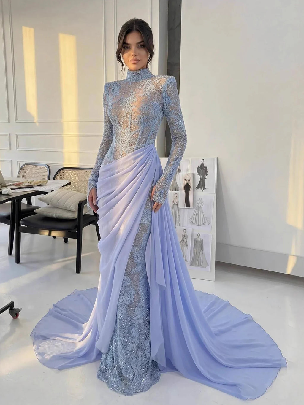Luxury Lilac High Neck Beaded Mermaid Evening Dress CLA73407