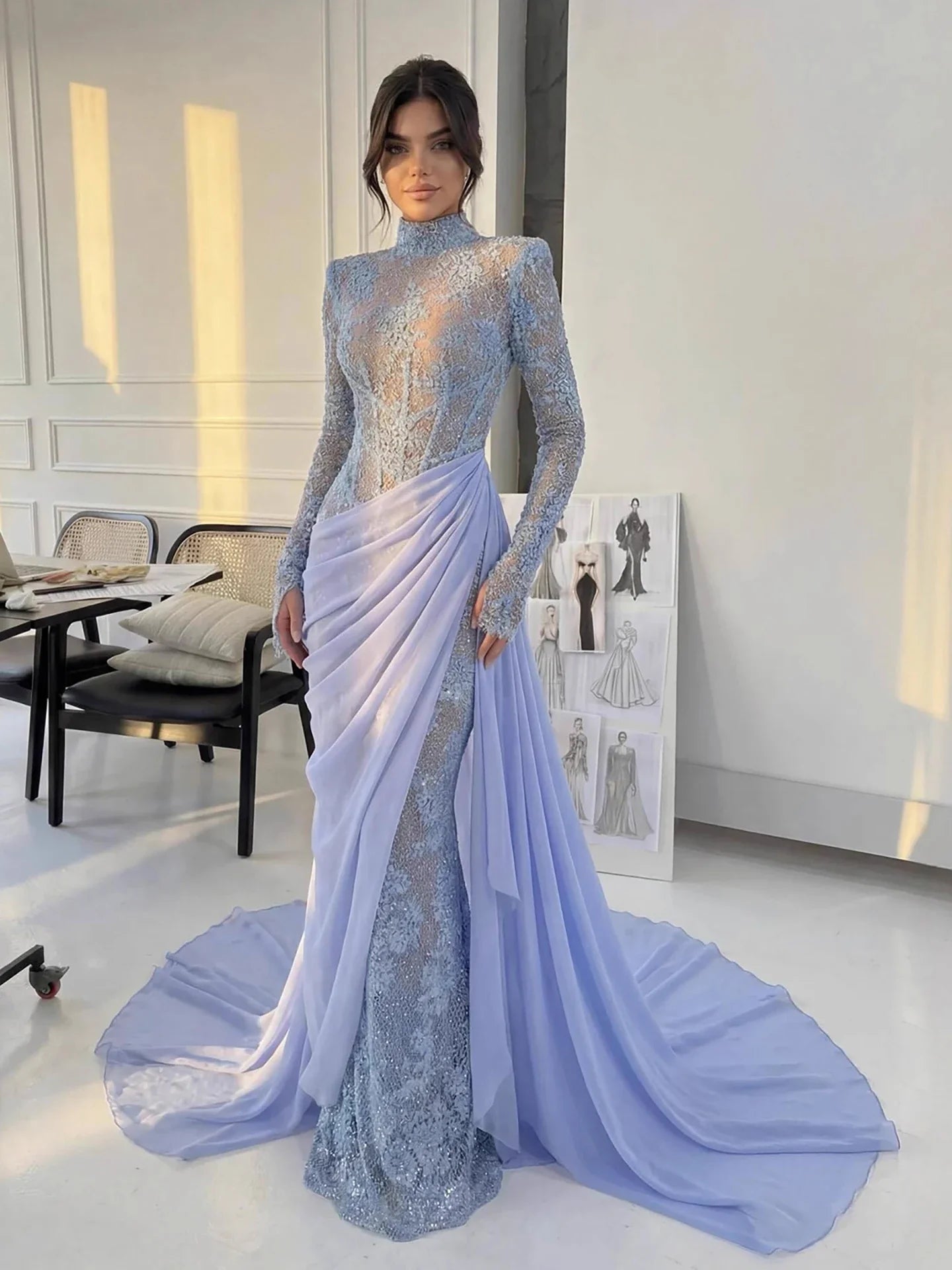 Luxury Lilac High Neck Beaded Mermaid Evening Dress CLA73407